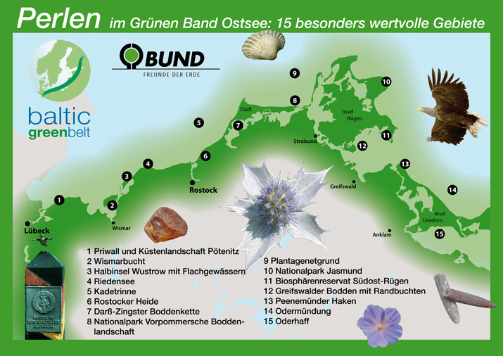 Perlen im Grünen Band: Landkarte mit besonders wertvollen Gebieten im Grünen Band Ostsee in Mecklenburg-Vorpommern